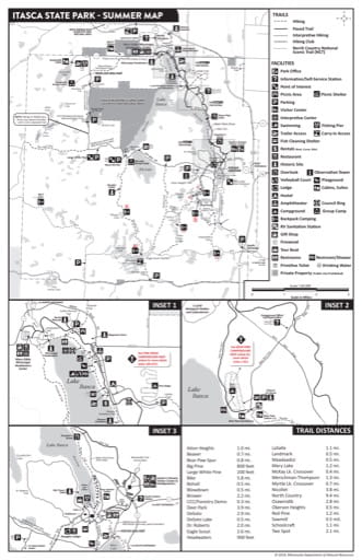 Summer Visitor Map of Itasca State Park (SP) in Minnesota. Published by the Minnesota Department of Natural Resources (MNDNR).