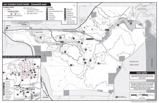Summer Visitor Map of Jay Cooke State Park (SP) in Minnesota. Published by the Minnesota Department of Natural Resources (MNDNR).