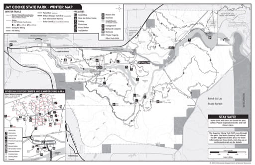 Winter Visitor Map of Jay Cooke State Park (SP) in Minnesota. Published by the Minnesota Department of Natural Resources (MNDNR).