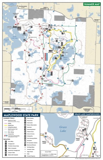 Summer Visitor Map of Maplewood State Park (SP) in Minnesota. Published by the Minnesota Department of Natural Resources (MNDNR).