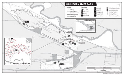 Visitor Map of Minneopa State Park (SP) in Minnesota. Published by the Minnesota Department of Natural Resources (MNDNR).