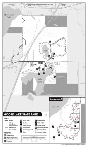 Visitor Map of Moose Lake State Park (SP) in Minnesota. Published by the Minnesota Department of Natural Resources (MNDNR).
