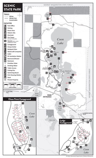 Visitor Map of Scenic State Park (SP) in Minnesota. Published by the Minnesota Department of Natural Resources (MNDNR).