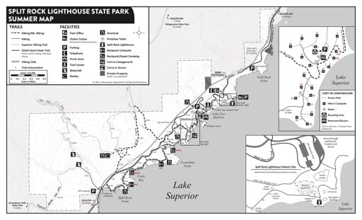 Summer Visitor Map of Split Rock Lighthouse State Park (SP) in Minnesota. Published by the Minnesota Department of Natural Resources (MNDNR).