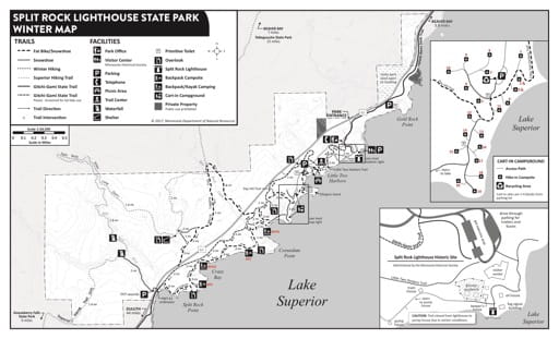 Winter Visitor Map of Split Rock Lighthouse State Park (SP) in Minnesota. Published by the Minnesota Department of Natural Resources (MNDNR).