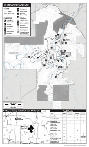 Visitor Map of Whitewater State Park (SP) in Minnesota. Published by the Minnesota Department of Natural Resources (MNDNR).