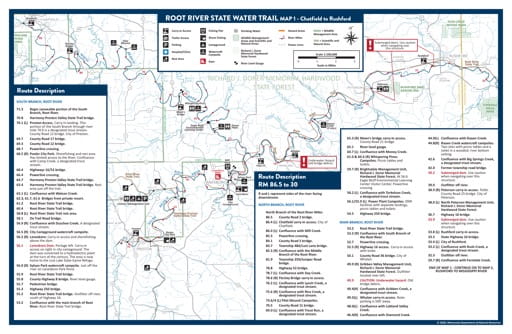 Map 1 - Chatfield to Rushford - of the Root River State Water Trail in Minnesota. Published by the Minnesota Department of Natural Resources (MNDNR).