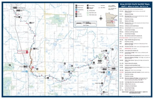 Map 2 - Milaca to Isanti - of the Rum River State Water Trail in Minnesota. Published by the Minnesota Department of Natural Resources (MNDNR).