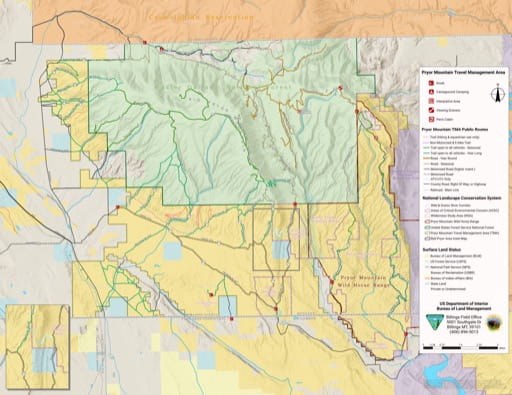 Map of the Pryor Mountain Travel Management Area (TMA) in the BLM Billings Field Office area in Montana and Wyoming. Published by the Bureau of Land Management (BLM).