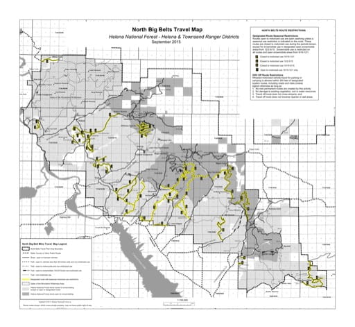 Motor Vehicle Travel Map (MVTM) of North Big Belts in Helena-Lewis and Clark National Forest (NF). Published by the U.S. Forest Service (USFS).