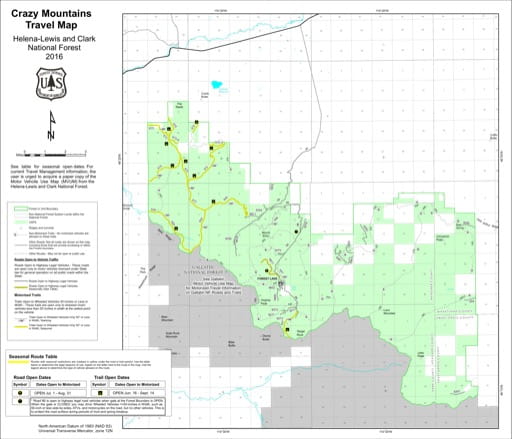 Motor Vehicle Use Map (MVUM) of Crazy Mountains in Helena-Lewis and Clark National Forest (NF) published by the U.S. Forest Service (USFS).