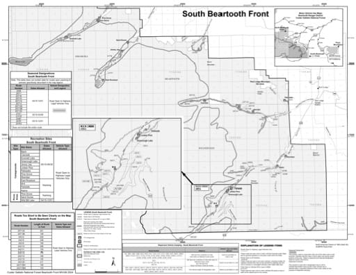 Motor Vehicle Use Map (MVUM) of Beartooth Front South in Custer Gallatin National Forest (NF) in Montana. Published by the U.S. Forest Service (USFS).