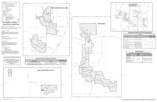 Motor Vehicle Use Map (MVUM) of the South Dakota Units of Sioux Ranger District in Custer Gallatin National Forest (NF) in South Dakota. Published by the U.S. Forest Service (USFS).