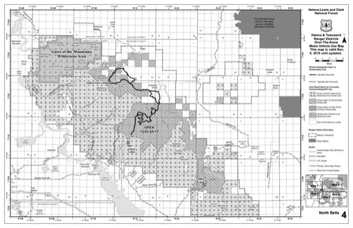Over-Snow Vehicle Use Map (OSVUM) of North Big Belt Mountains in Helena-Lewis and Clark National Forest (NF) published by the U.S. Forest Service (USFS).