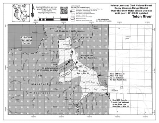 Over-Snow Vehicle Use Map (OSVUM) of Teton River Area in Helena-Lewis and Clark National Forest (NF) published by the U.S. Forest Service (USFS).