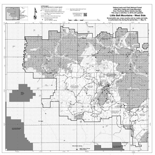 Over-Snow Vehicle Use Map (OSVUM) of West Litte Belt Mountains in Helena-Lewis and Clark National Forest (NF) published by the U.S. Forest Service (USFS).