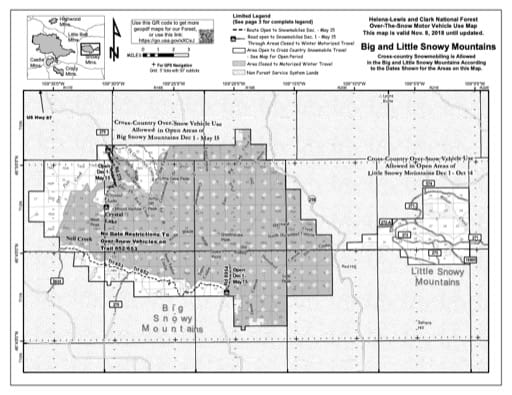 Over-Snow Vehicle Use Map (OSVUM) of Big and Little Snowy Mountains in Helena-Lewis and Clark National Forest (NF) published by the U.S. Forest Service (USFS).