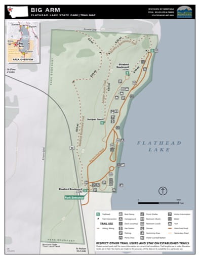 Map of the Trail System in Big Arm / Flathead Lake State Park (SP). Published by Montana State Parks.