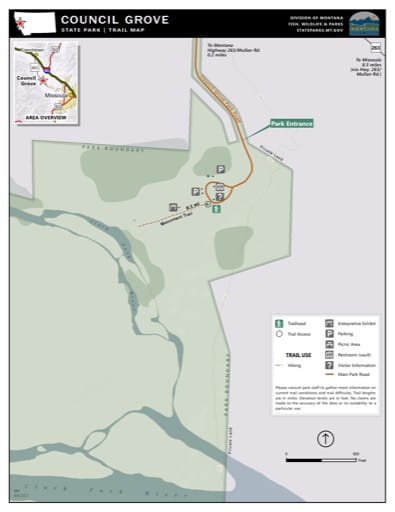 Map of the Trail System in Council Grove State Park (SP). Published by Montana State Parks.