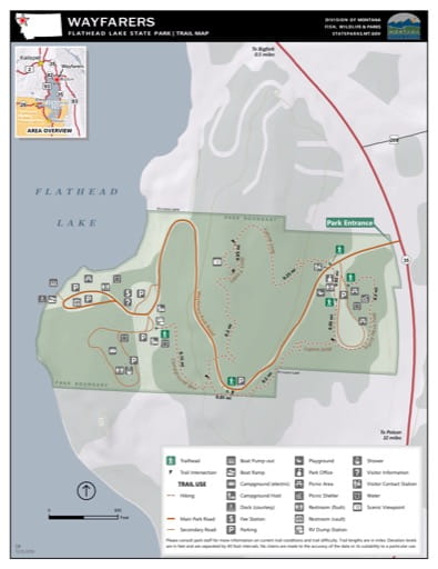 Map of the Trail System in Wayfares / Flathead Lake State Park (SP). Published by Montana State Parks.