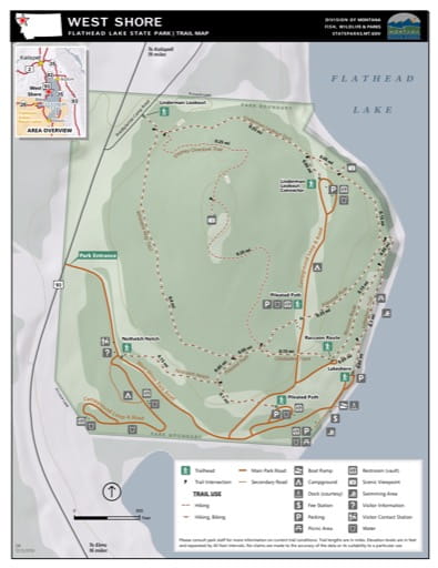 Map of the Trail System in West Shore / Flathead Lake State Park (SP). Published by Montana State Parks.