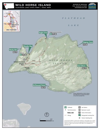 Map of the Trail System in Wild Horse Island / Flathead Lake State Park (SP). Published by Montana State Parks.