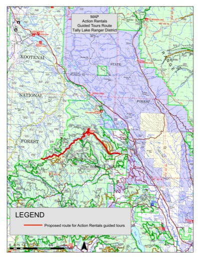 Recreation Map showing Guided Tours Routes in Tally Lake Ranger District in Flathead National Forest (NF) in Montana. Published by the U.S. Forest Service (USFS).
