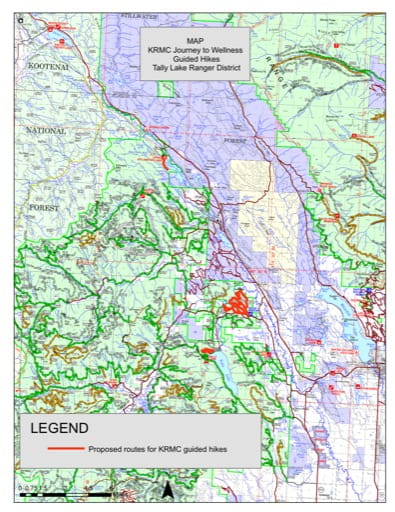 Recreation Map showing KRMC Journey to Wellness Guided Hikes in Tally Lake Ranger District in Flathead National Forest (NF) in Montana. Published by the U.S. Forest Service (USFS).
