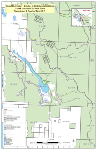 Trails Map of SnowBikeNation - E-bike, E-Dirtbikes & Dirtbikes in the Crane Mountain/Six Mile Zone in Swan Lake and Spotted Bear Ranger Districts in Flathead National Forest (NF) in Montana. Published by the U.S. Forest Service (USFS).