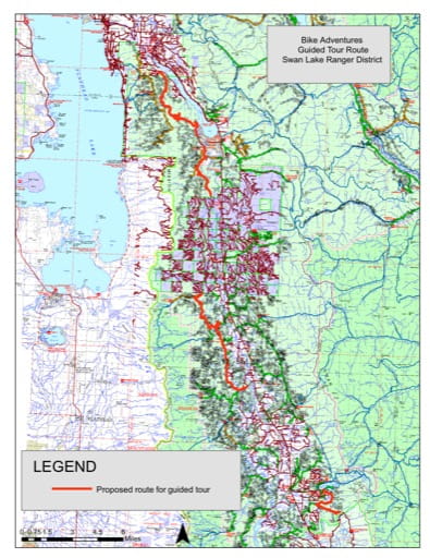Trails Map of Bike Adventures Guided Tours in Swan Lake Ranger District in Flathead National Forest (NF) in Montana. Published by the U.S. Forest Service (USFS).