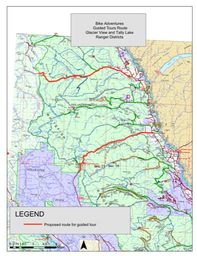 Trails Map of Bike Adventures Guided Tours in Glacier View and Tally Lake Ranger Districts in Flathead National Forest (NF) in Montana. Published by the U.S. Forest Service (USFS).