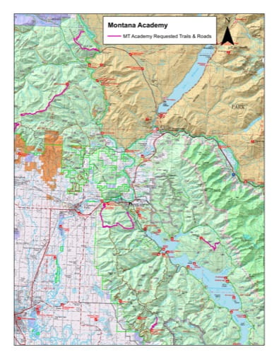 Recreation Map showing Montana Academy Guided Hikes (East) in Flathead National Forest (NF) in Montana. Published by the U.S. Forest Service (USFS).