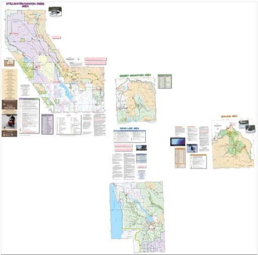 Map of Groomed Snowmobile Trails in the Stillwater/Canyon Creek, Desert Mtn. Swan Lake, & Skyland Areas in Flathead National Forest (NF) in Montana. Published by the U.S. Forest Service (USFS).
