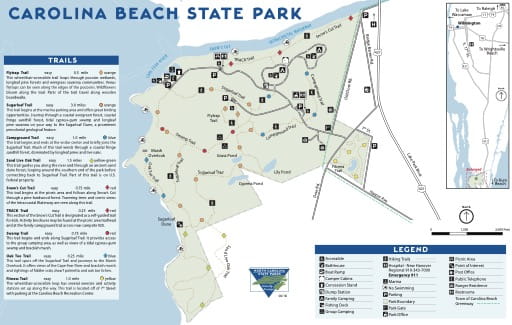 Recreation Map of Carolina Beach State Park (SP) in North Carolina. Published by North Carolina State Parks.