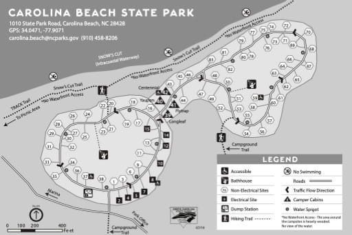 Campground Map of Carolina Beach State Park (SP) in North Carolina. Published by North Carolina State Parks.
