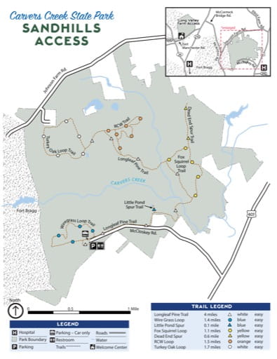 Map of Sandhills access at Carvers Creek State Park (SP) in North Carolina. Published by North Carolina State Parks.