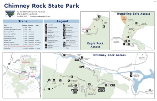 Map to the Chimney Rock Access at Chimney Rock State Park (SP) in North Carolina. Published by North Carolina State Parks.