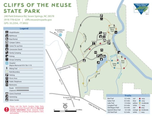 Recreation Map of Cliffs of the Neuse State Park (SP) in North Carolina. Published by North Carolina State Parks.