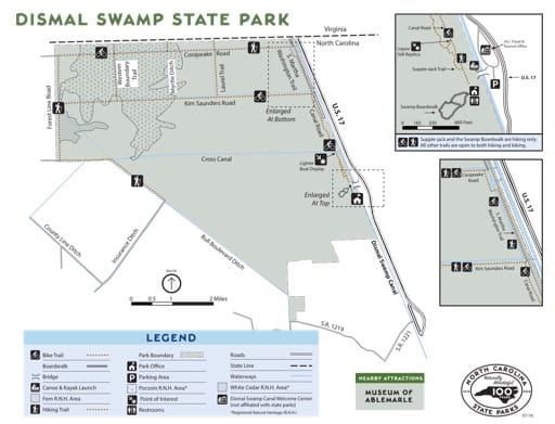Recreation Map of Dismal Swamp State Park (SP) in North Carolina. Published by North Carolina State Parks.