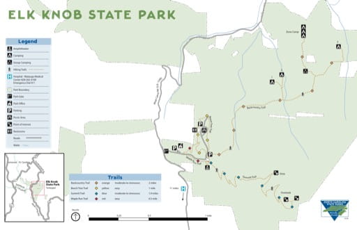 Recreation Map of Elk Knob State Park (SP) in North Carolina. Published by North Carolina State Parks.