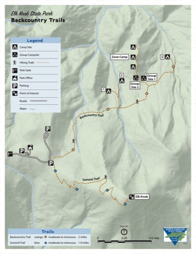 Map of Backcountry Trails at Elk Knob State Park (SP) in North Carolina. Published by North Carolina State Parks.