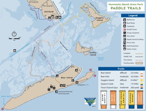 Map of Paddle Trails at Hammocks Beach State Park (SP) in North Carolina. Published by North Carolina State Parks.