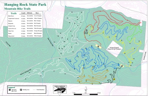 Map of Bike Trails at Hanging Rock State Park (SP) in North Carolina. Published by North Carolina State Parks.