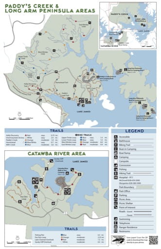 Visitor Map of Paddy's Creek and Long Arm Peninsula Areas of Lake James State Park (SP) in North Carolina. Published by North Carolina State Parks.