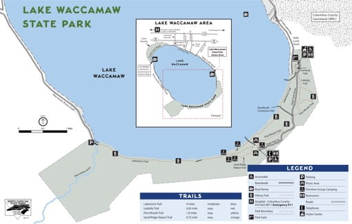 Visitor Map of Lake Waccamaw State Park (SP) in North Carolina. Published by North Carolina State Parks.