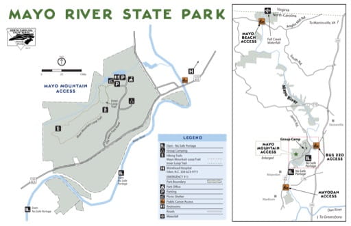 Visitor Map of Mayo River State Park (SP) in North Carolina. Published by North Carolina State Parks.