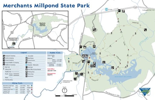 Visitor Map of Merchants Millpond State Park (SP) in North Carolina. Published by North Carolina State Parks.