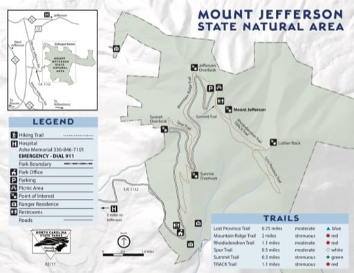 Visitor Map of Mount Jefferson State Natural Area (SNA) in North Carolina. Published by North Carolina State Parks.