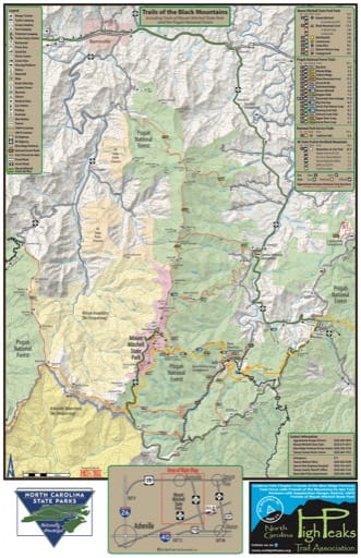 Trails Map of the Black Mountains including trails of Mount Mitchell State Park (SP) and the Pisgah National Forest (NF) in North Carolina. Published by North Carolina State Parks.