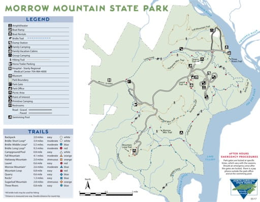 Visitor Map of Morrow Mountain State Park (SP) in North Carolina. Published by North Carolina State Parks.